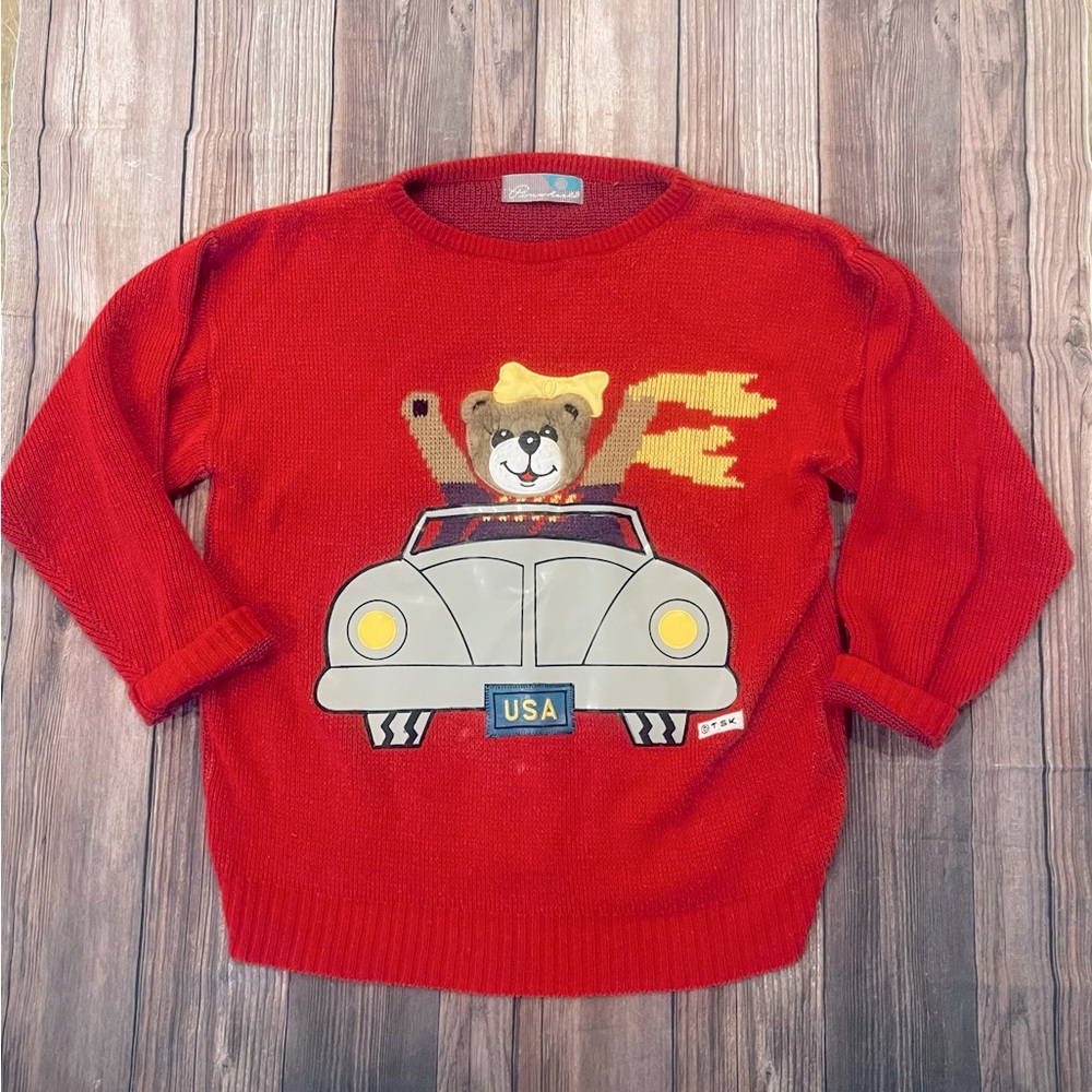 Vintage Pinwheels Bear Driving in Car Red Crew Knit Sweater size M